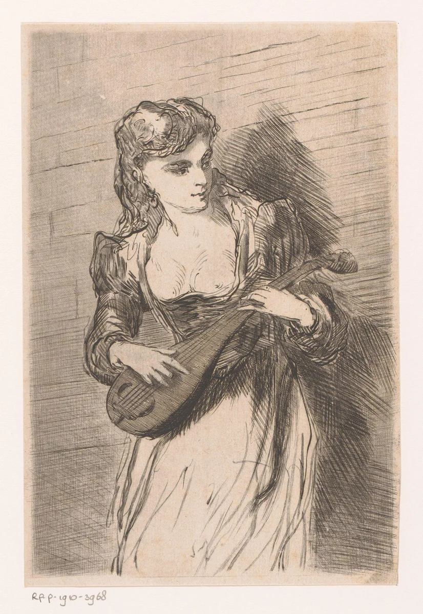 Jonge vrouw genaamd Gilline met luit by Louis Jaugey, print, 1869