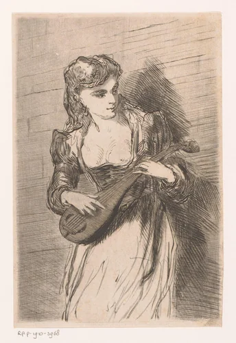 Jonge vrouw genaamd Gilline met luit by Louis Jaugey, print, 1869