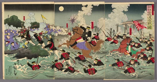 Fierce Fighting at Anseong Crossing in Korea (Chosen Anjo watashi no gekisen no zu) by Utagawa Kokunimasa, print, 1894