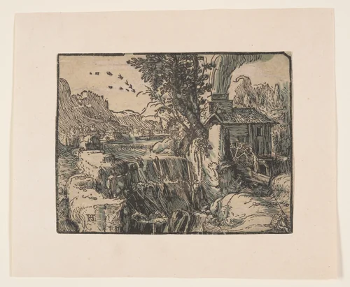 Landscape with a Waterfall by Hendrick Goltzius, print, 1600