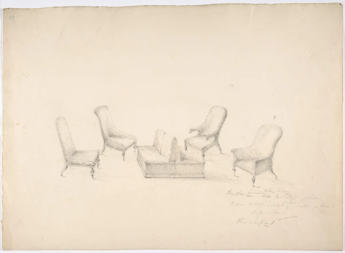 Design for a Suite of Furniture, A Double-sided Sofa, Two Chairs and Two Armchairs (Verso: sketch for shelves and a mirror) by anonymous, drawing, 1800-1850