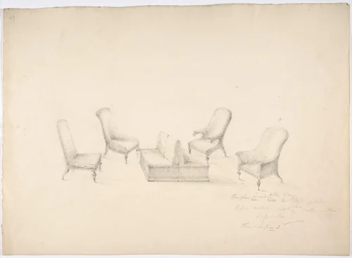 Design for a Suite of Furniture, A Double-sided Sofa, Two Chairs and Two Armchairs (Verso: sketch for shelves and a mirror) by anonymous, drawing, 1800-1850