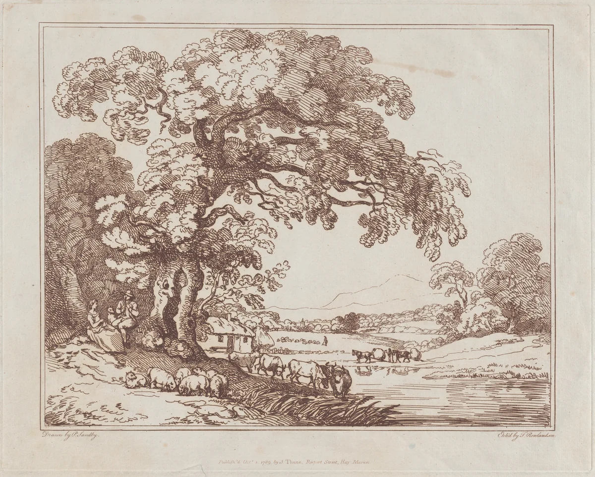 Pastoral Riverside Scene by Thomas Rowlandson, print, 1789