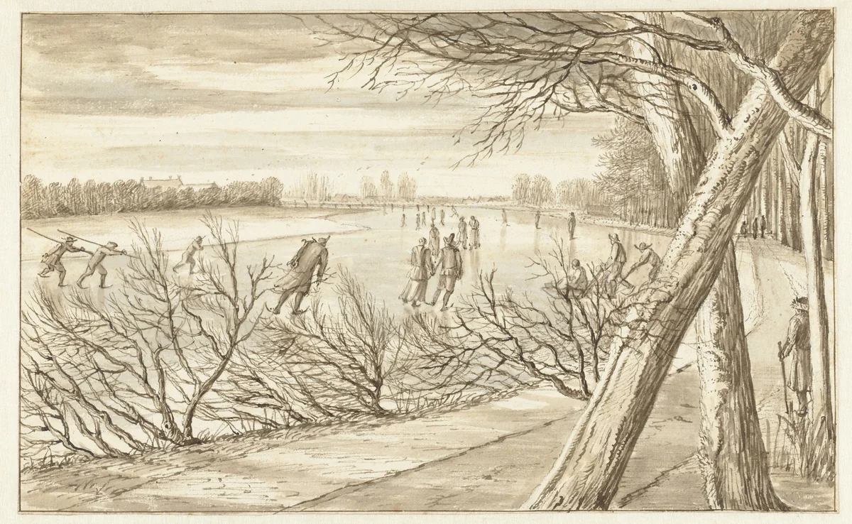 Skaters on a River by Abraham Rutgers, drawing, 1682-1699