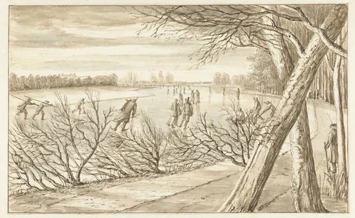 Skaters on a River by Abraham Rutgers, drawing, 1682-1699