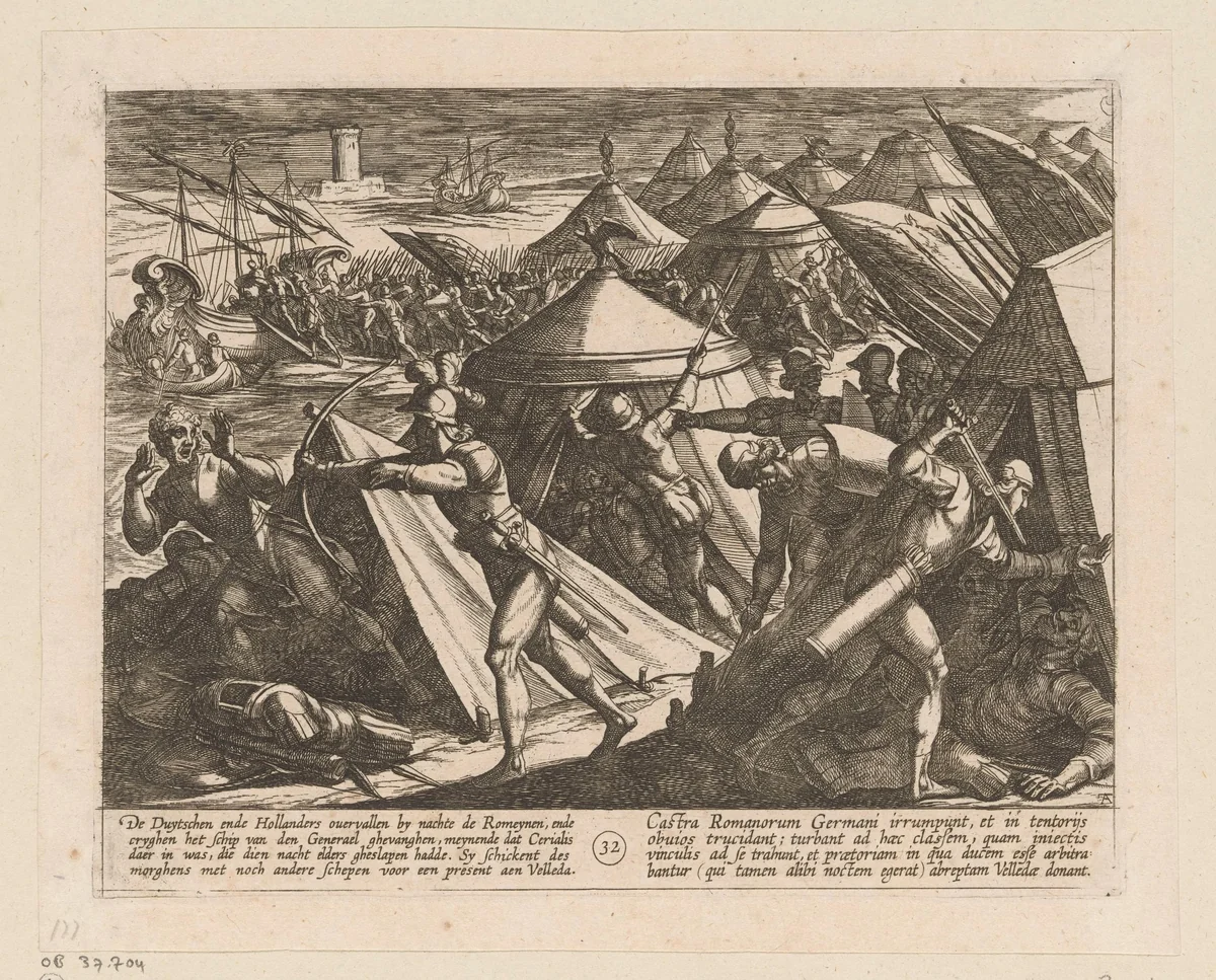 Nachtelijk overval op het legerkamp van Cerialis waarbij zijn schip wordt buitgemaakt, 69-70 by Antonio Tempesta, print, 1612