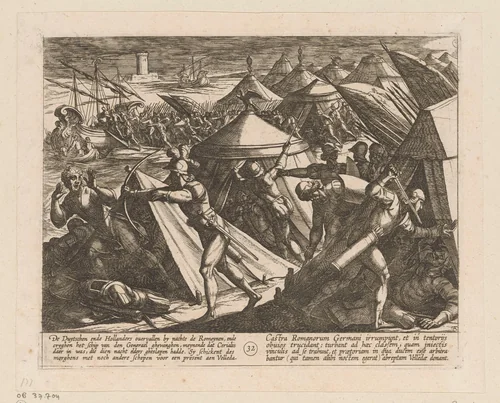 Nachtelijk overval op het legerkamp van Cerialis waarbij zijn schip wordt buitgemaakt, 69-70 by Antonio Tempesta, print, 1612