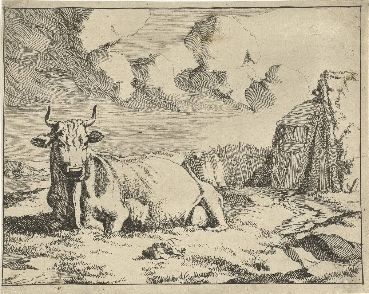 Liggende koe by Marcus de Bye, print, 1649-1677