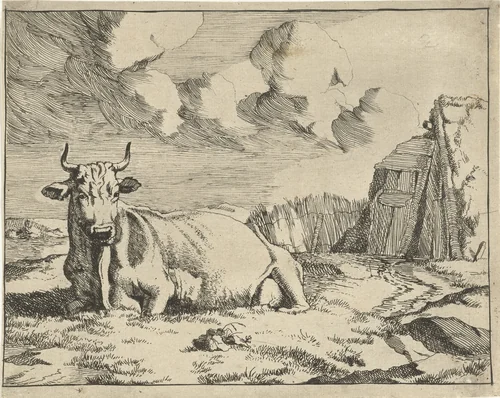 Liggende koe by Marcus de Bye, print, 1649-1677