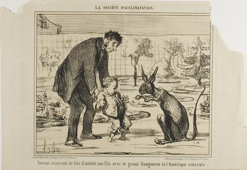 A Scientist Trying to Befriend his Son with a Great Kangaroo from Central America, plate 3 from La Société D'acclimatation by Honoré-Victorin Daumier, print, 1858