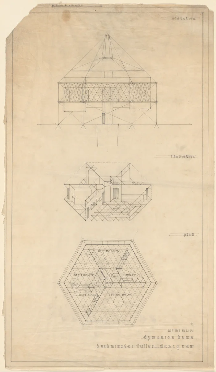 A Minimum Dymaxion Home project (Elevation, axonometric, and plan) by R. Buckminster Fuller, architecture, 1927