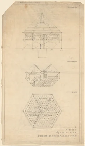 A Minimum Dymaxion Home project (Elevation, axonometric, and plan) by R. Buckminster Fuller, architecture, 1927