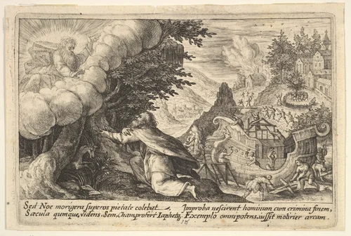 Noah kneeling before God at left, the construction of the ark underway beyond, from "Liber Genesis" by Crispijn de Passe, print, 1612