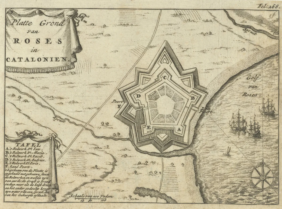 Plattegrond van Rosas by Jan Luyken, print, 1693