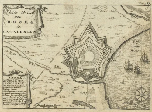 Plattegrond van Rosas by Jan Luyken, print, 1693