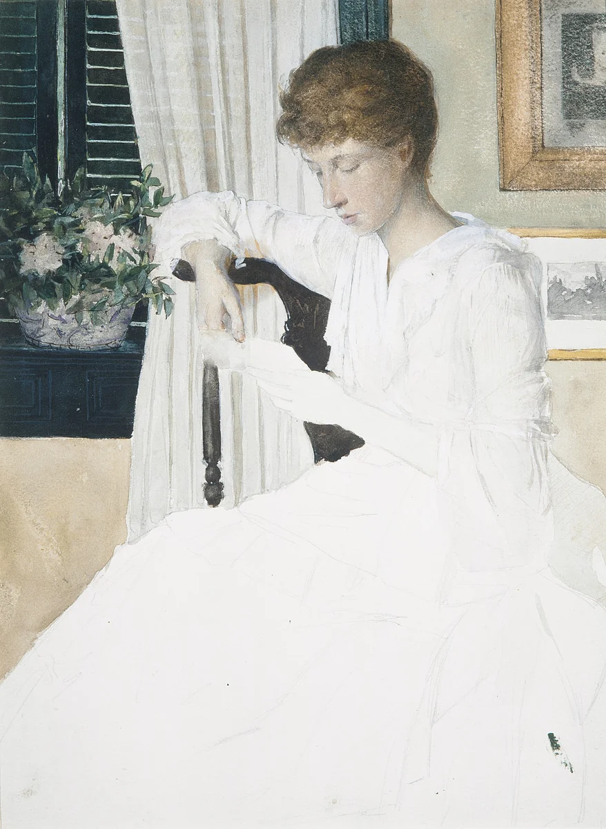 Anna Dwight Weir Reading a Letter by Julian Alden Weir, artwork, 1887-1890