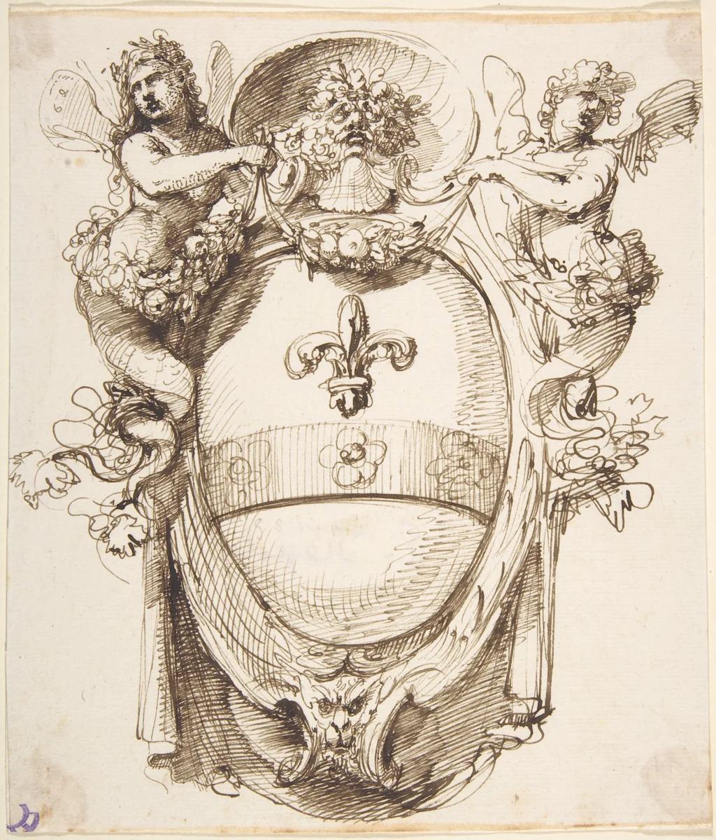 Design for a Cartouche flanked by winged Sirens with a Coat of Arms containing a Fleur-de-Lis by Carlo Bianconi, drawing, 1732-1802