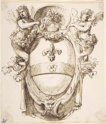 Design for a Cartouche flanked by winged Sirens with a Coat of Arms containing a Fleur-de-Lis by Carlo Bianconi, drawing, 1732-1802