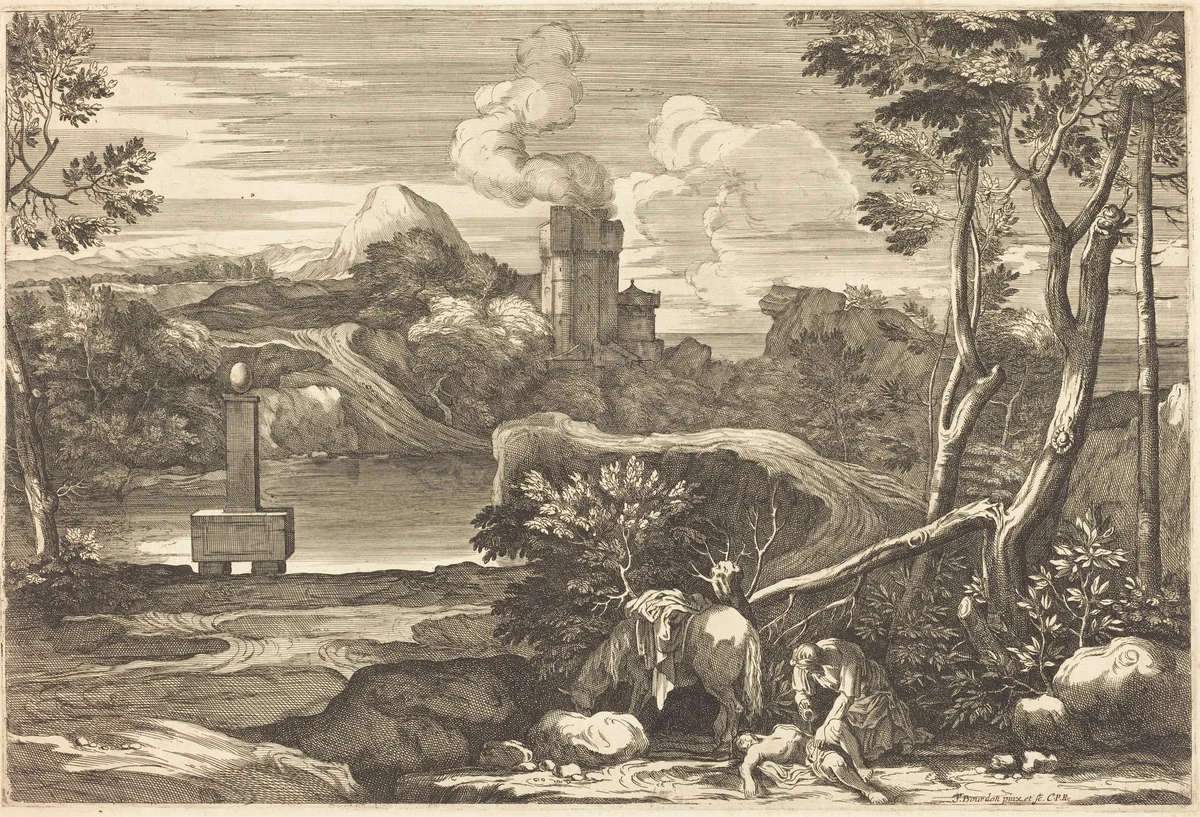 The Samaritan Pours Oil and Wine in the Wounds of a Man Left for Dead by Sébastien Bourdon, print, 1616-1671