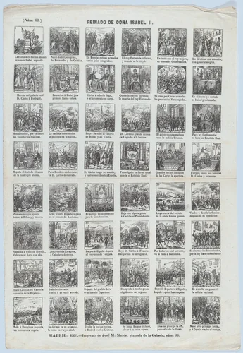 Broadside with 48 scenes relating to the reign of Queen Isabel II by José Noguera, print, 1860