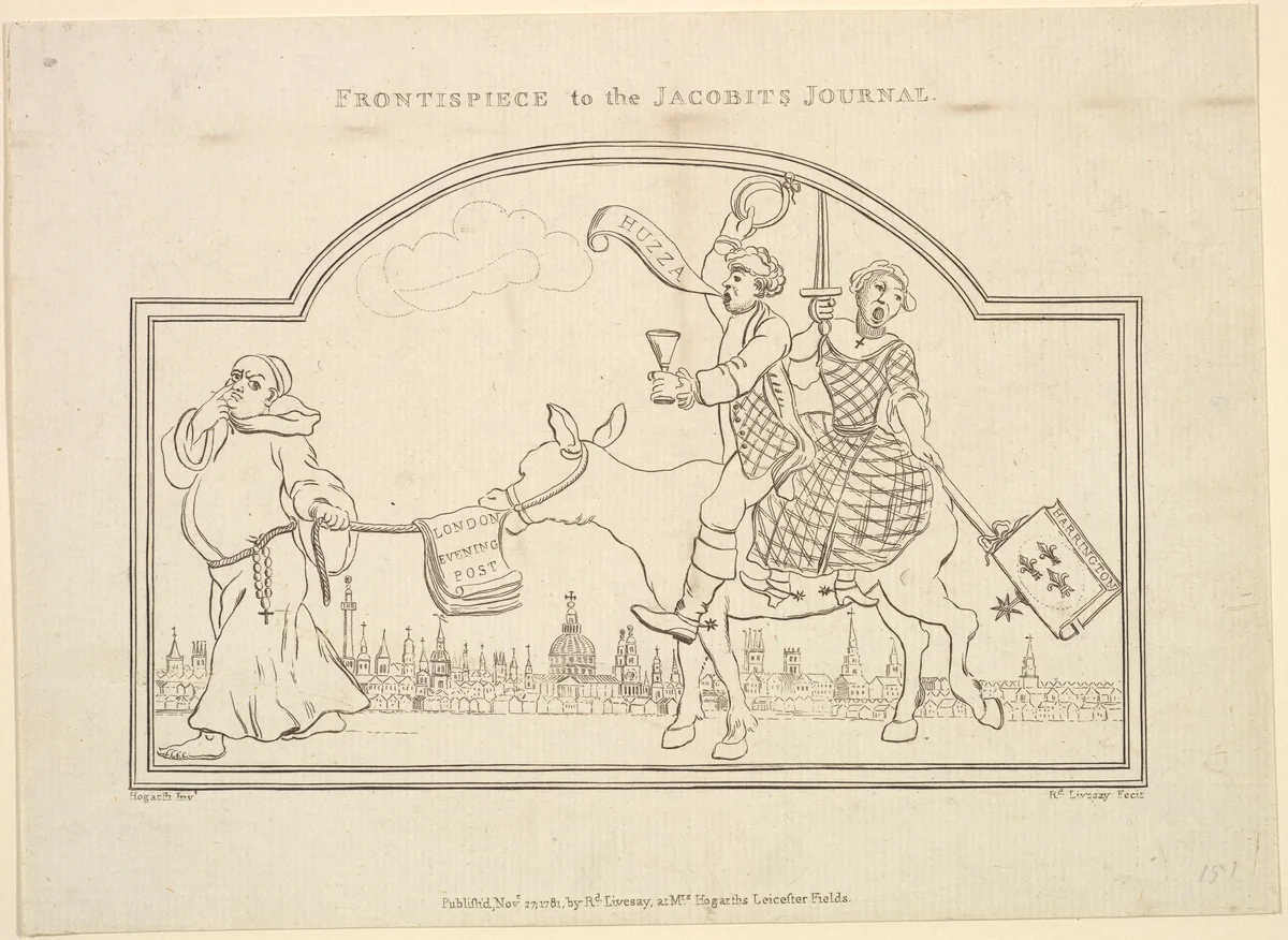 Frontispiece to "The Jacobite's Journal" by Richard Livesay, print, 1781