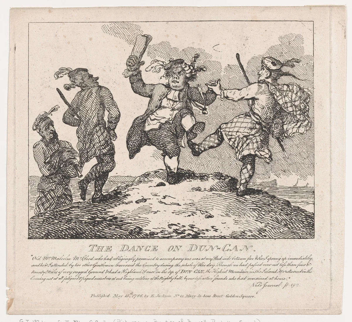 The Dance on Dun-Can (Picturesque Beauties of Boswell, Part the Second) by Thomas Rowlandson, print, 1786