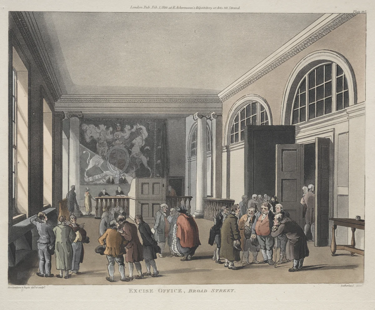 Excise Office, Broad Street by Thomas Rowlandson, print, 1810