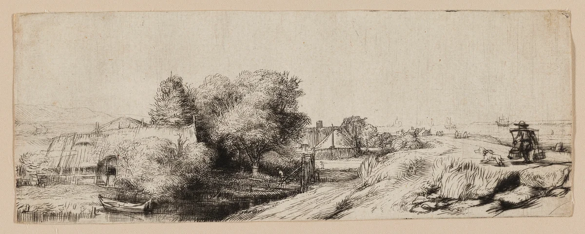View of the Diemerdijk with a Milkman and Cottages by Rembrandt van Rijn, print, 1645-1655