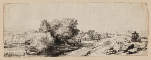 View of the Diemerdijk with a Milkman and Cottages by Rembrandt van Rijn, print, 1645-1655