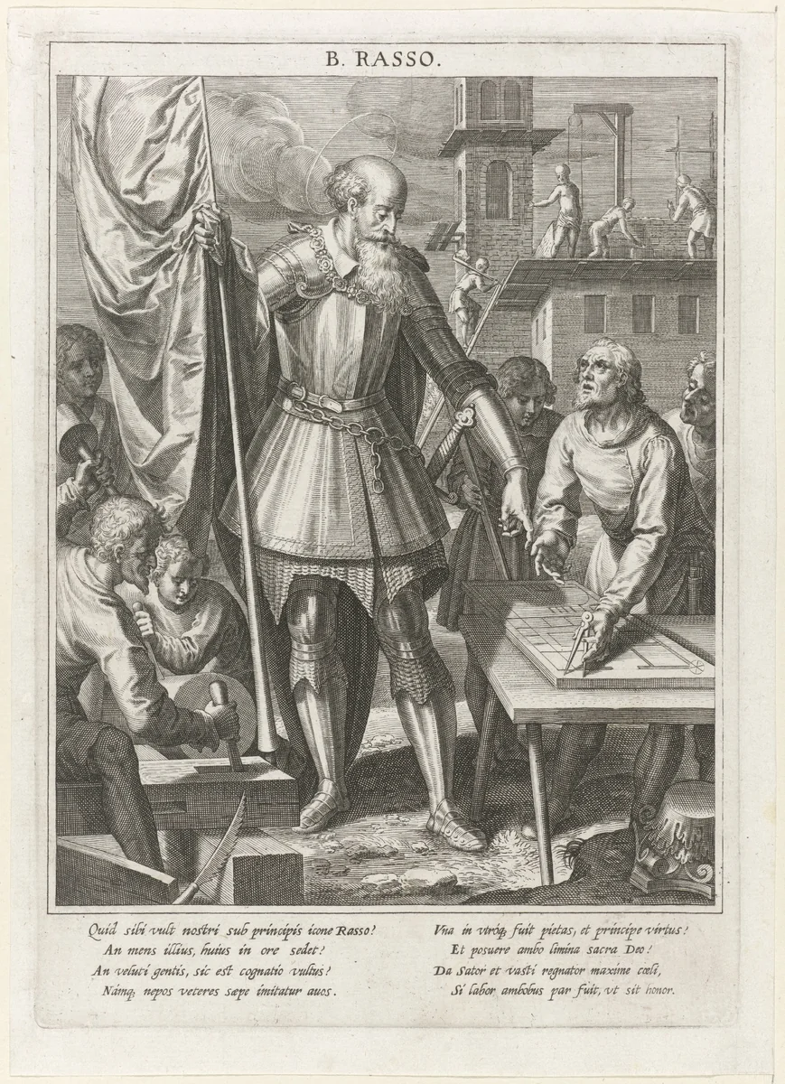 Graaf Rasso van Diessen-Andechs overziet de bouw van het benedictijnenklooster Andechs by Raphaël Sadeler, print, 1615