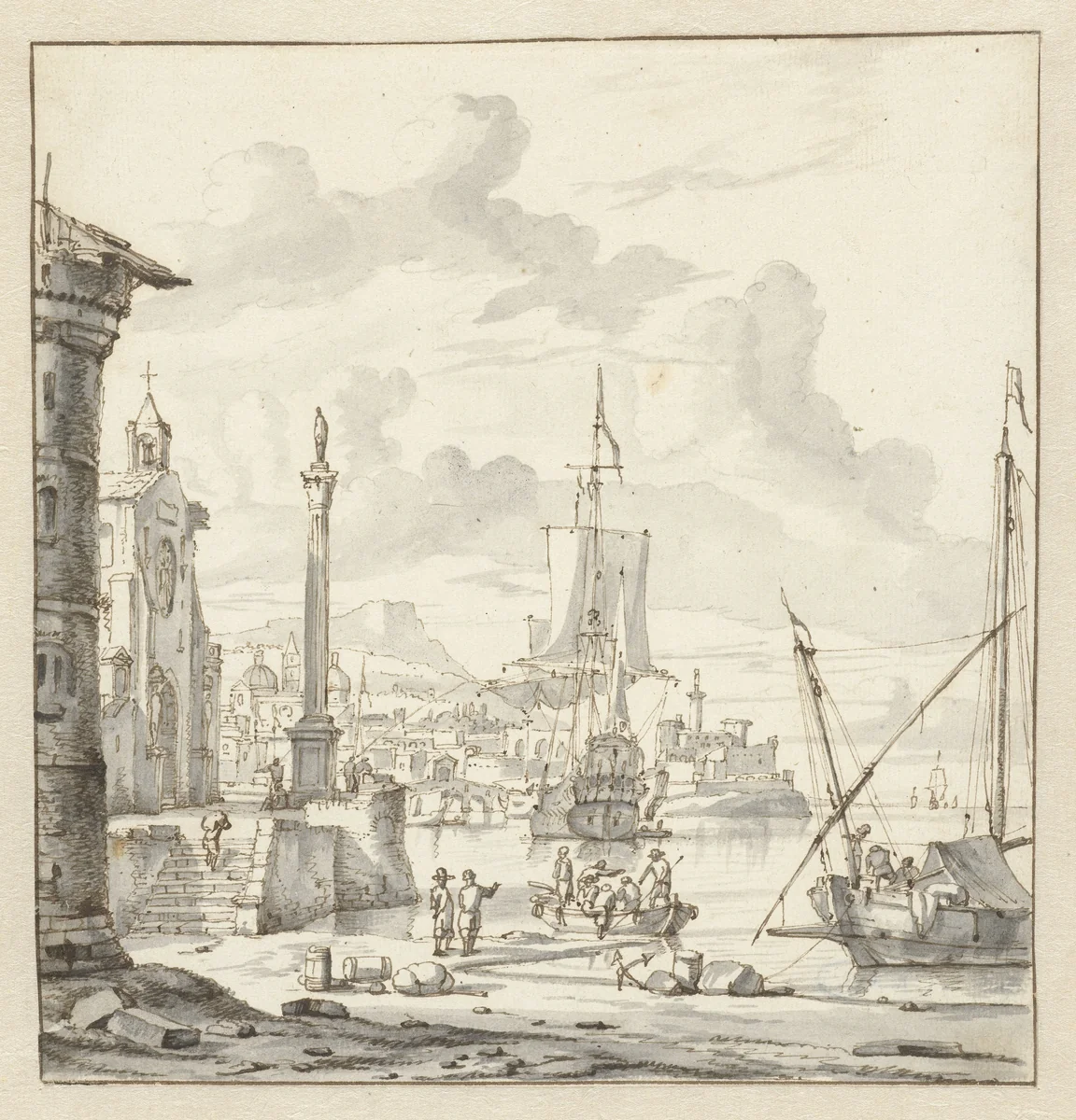 Italiaanse haven met fantasiearchitectuur by Abraham Storck, drawing, 1675
