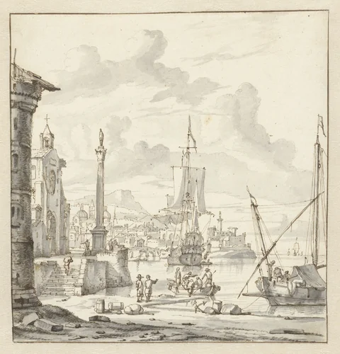 Italiaanse haven met fantasiearchitectuur by Abraham Storck, drawing, 1675