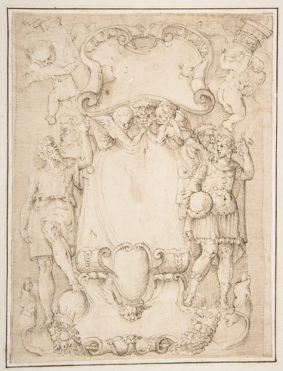 Drawing of Cartouche with Bearded Man Left, Young man crowned with Laurels Right, and Four Putti by Battista Franco, drawing, 1498-1561