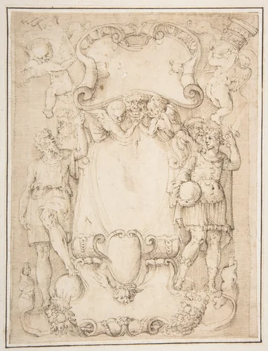 Drawing of Cartouche with Bearded Man Left, Young man crowned with Laurels Right, and Four Putti by Battista Franco, drawing, 1498-1561