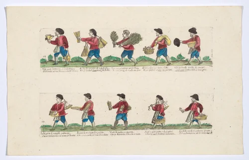 Plate 12 depicting the trades of Rome, here including vendors of lanterns, brooms, almonds, figs etc, from the 'Descrición de las artes que se llaman para los calles de la ciudad de Roma' by Remondini, print, 1765-1805