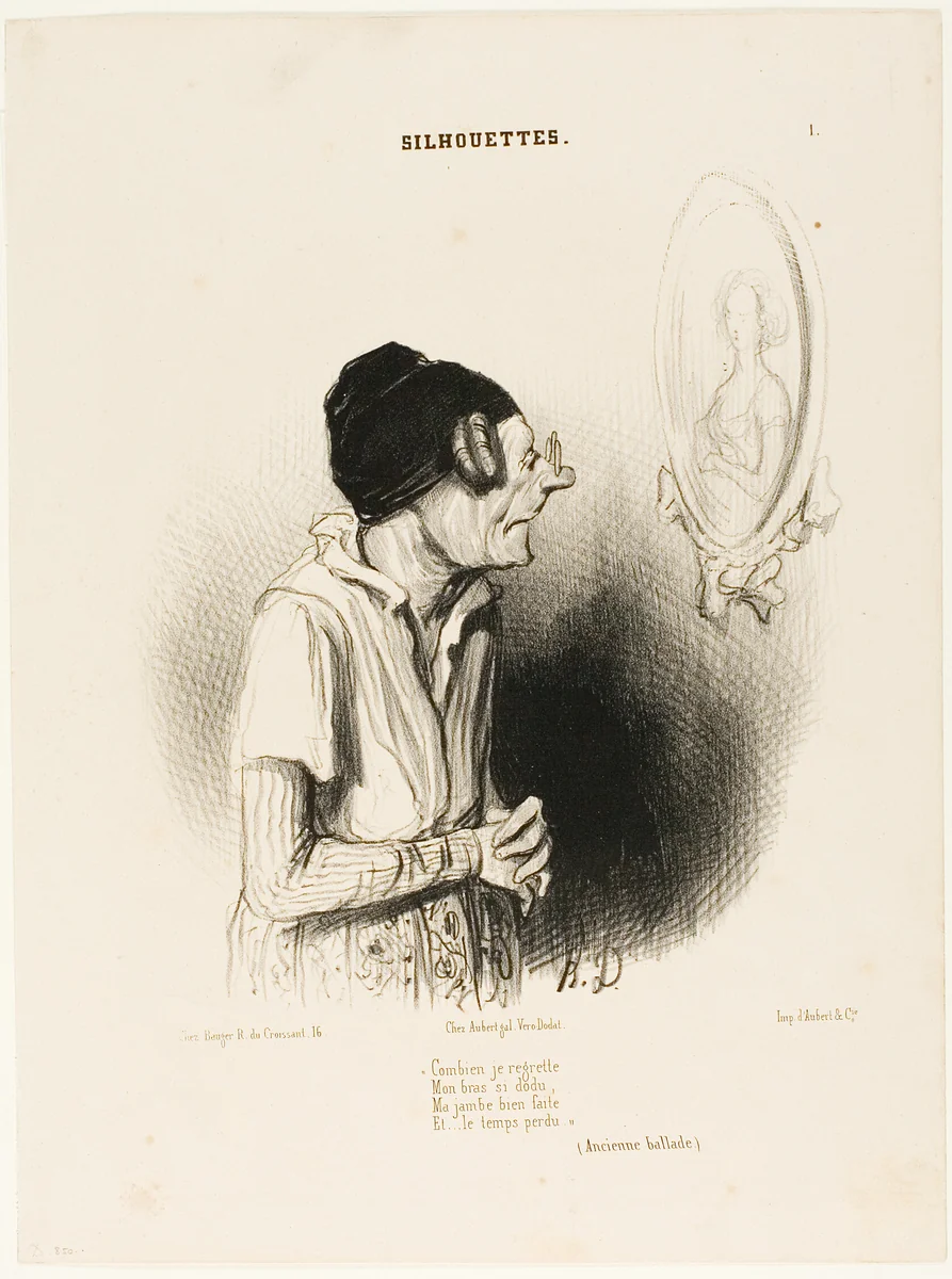 “How much I regret. My arms once so strong, my legs never fat and nothing went wrong” (an ancient song), plate 1 from Silhouettes by Honoré-Victorin Daumier, print, 1840