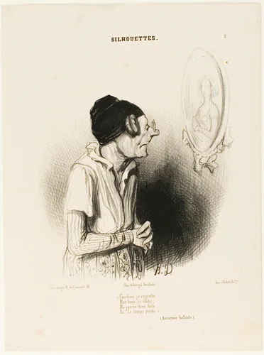“How much I regret. My arms once so strong, my legs never fat and nothing went wrong” (an ancient song), plate 1 from Silhouettes by Honoré-Victorin Daumier, print, 1840