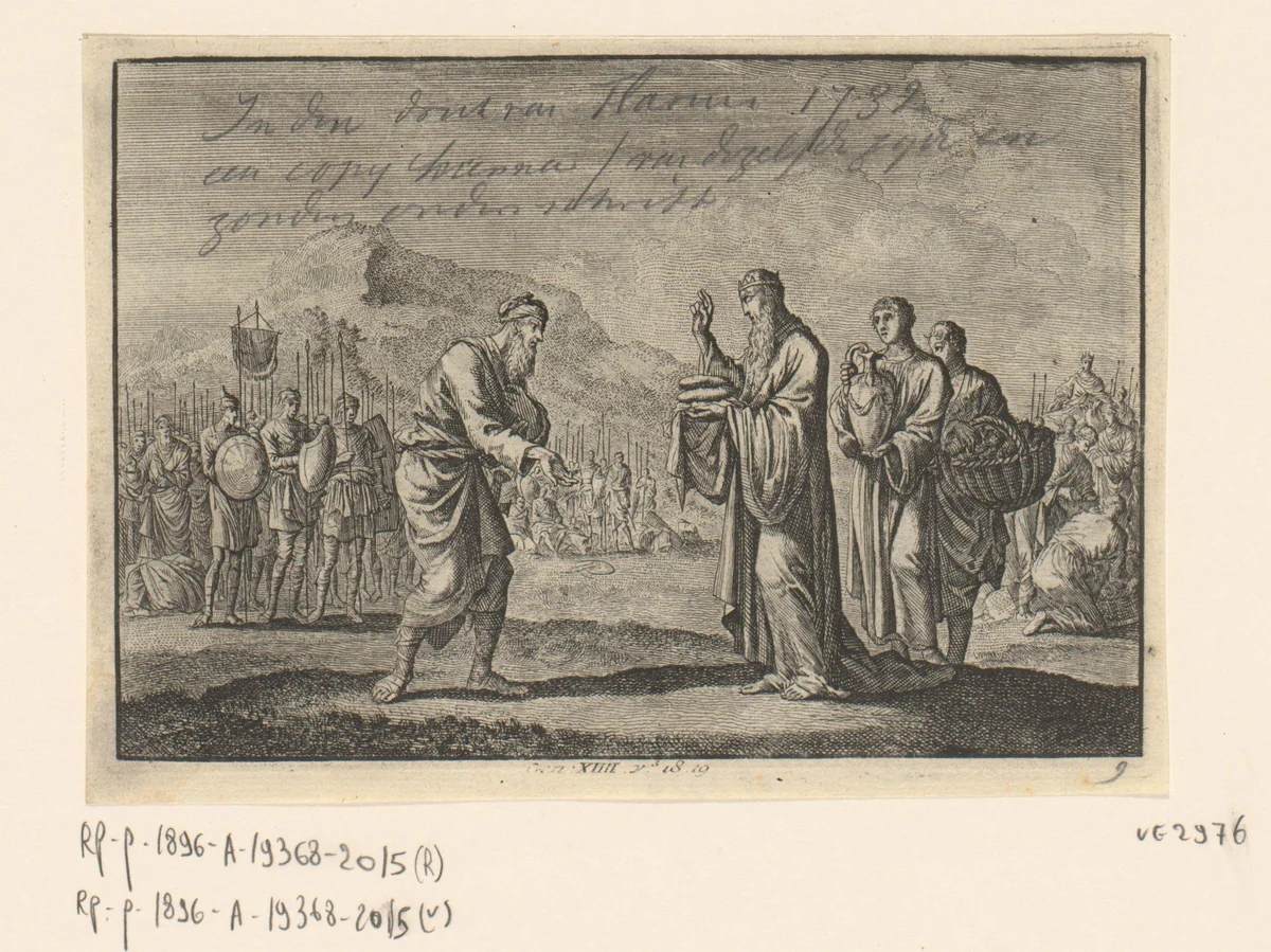 Abraham ontmoet koning Melchisedek by Jan Luyken, print, 1703-1762
