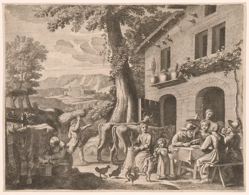 A Farmer Seated at the Table with His Family, Plate 13 from Pastorales by Claudine Bouzonnet-Stella, print, 1667
