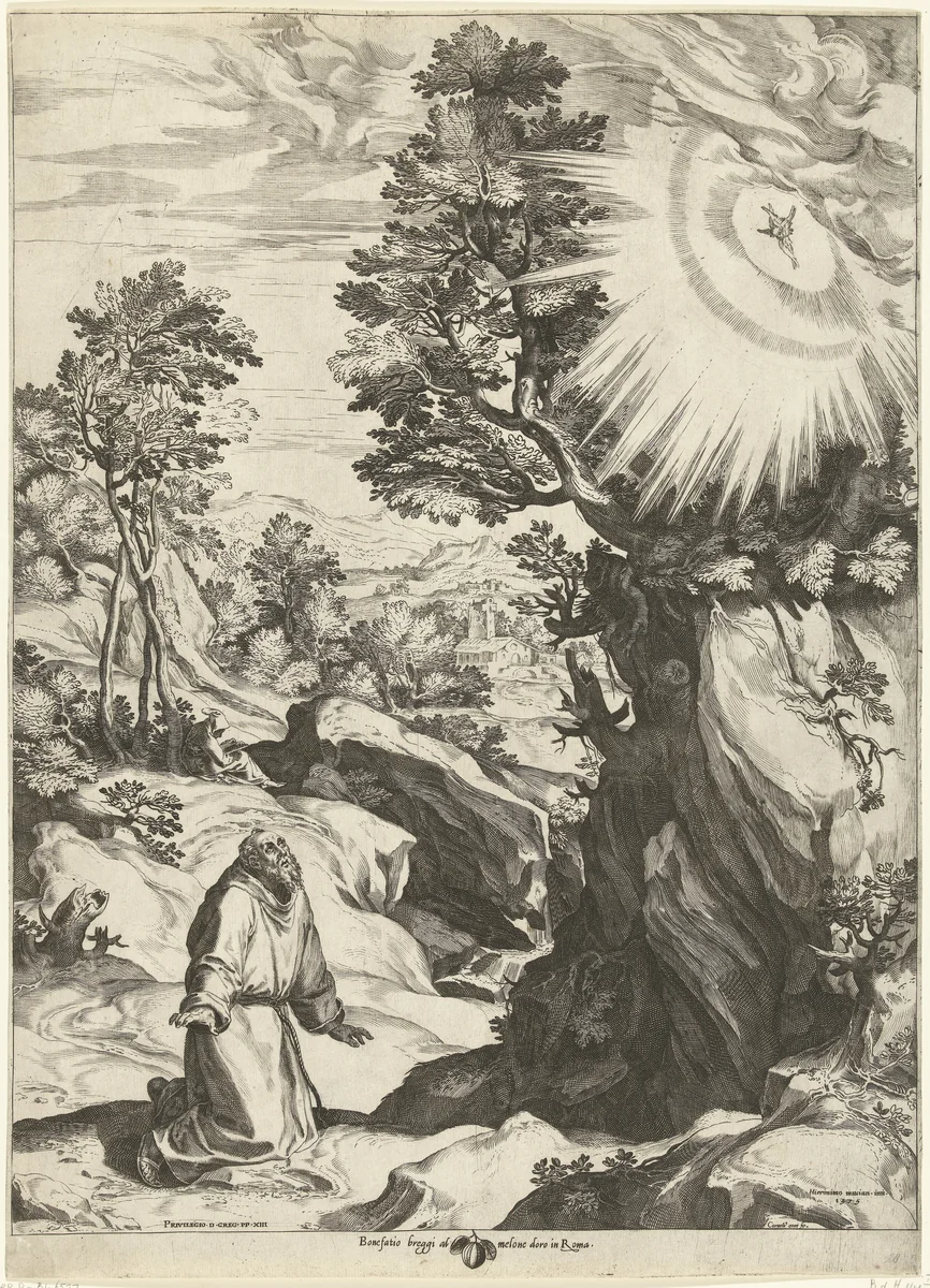 Landschap met het visioen van de H. Franciscus van Assisi by Unknown, print, 1575