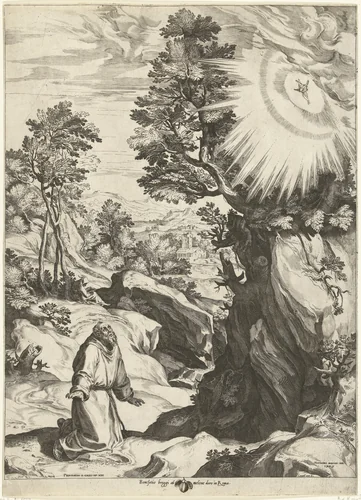 Landschap met het visioen van de H. Franciscus van Assisi by Unknown, print, 1575