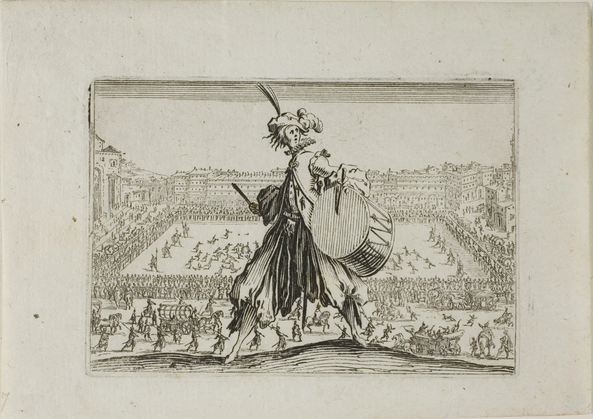 View of Piazza S. Croce with Football Game, from The Caprices by Jacques Callot, print, 1617-1622