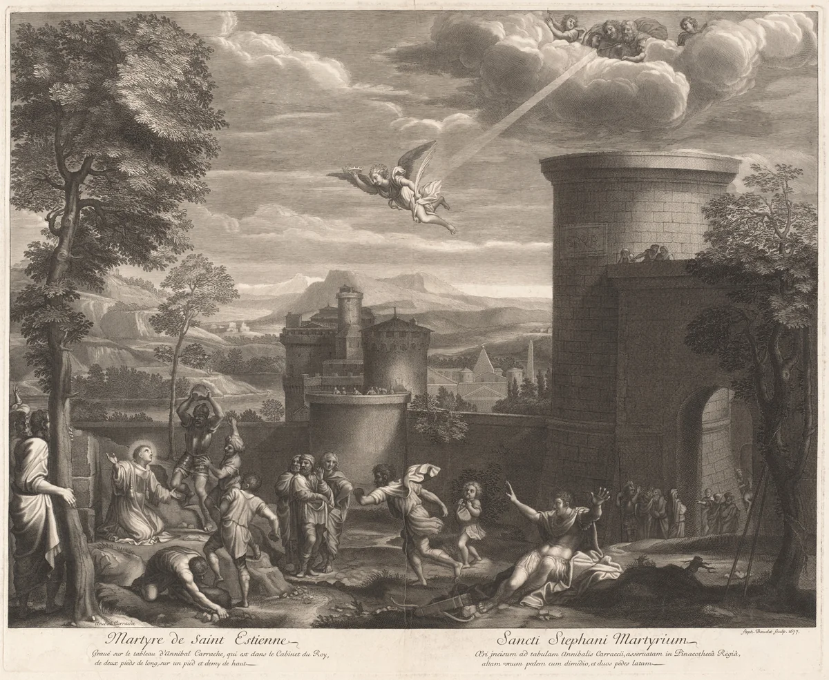 Martyre de Saint Estienne (The Martyrdom of Saint Sebastian) by Etienne Baudet; Annibale Carracci, print, 1677
