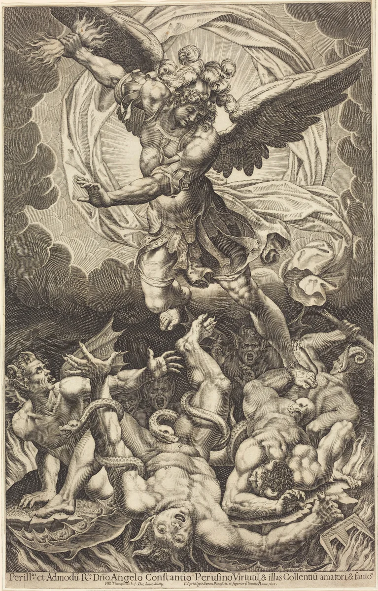 The Fall of the Rebellious Angels by Philippe Thomassin, print, 1618