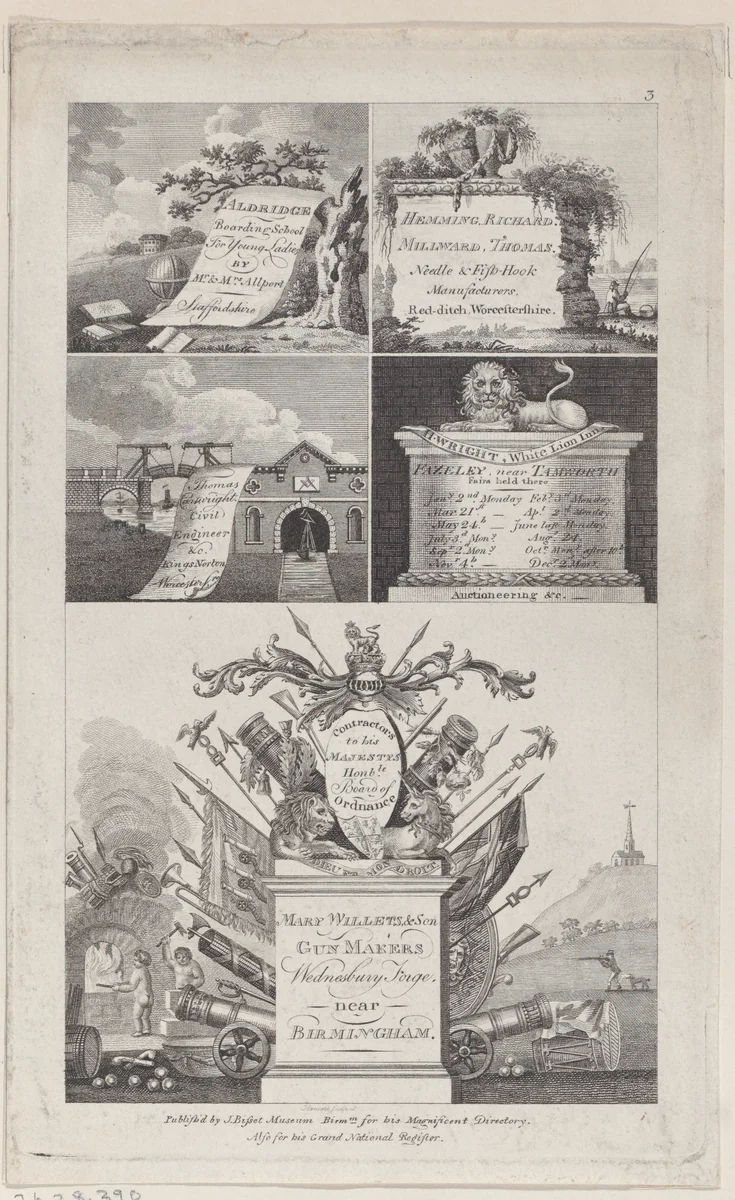Trade Card for Bisset's Directory, Birmingham by Thomas Hancock, print, 1800