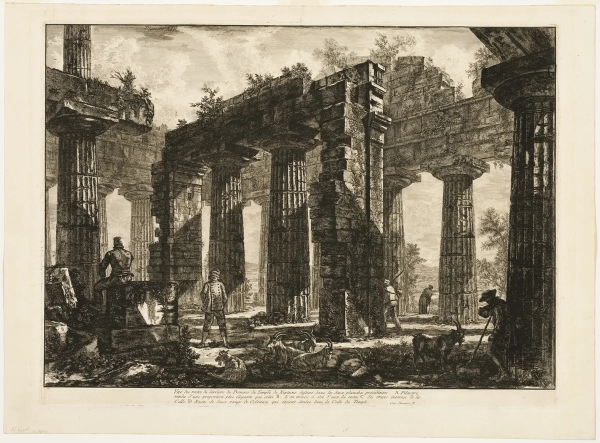 Rear view of the remains of the pronaos of the Temple of Neptune, drawn in the two preceding plates, from Different views of Paestum by Giovanni Battista Piranesi, print, 1778