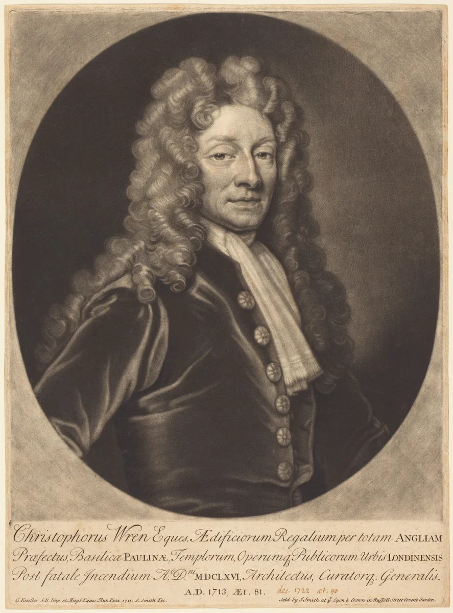 Sir Christopher Wren by John Smith, Sir Godfrey Kneller, print, 1652-1742