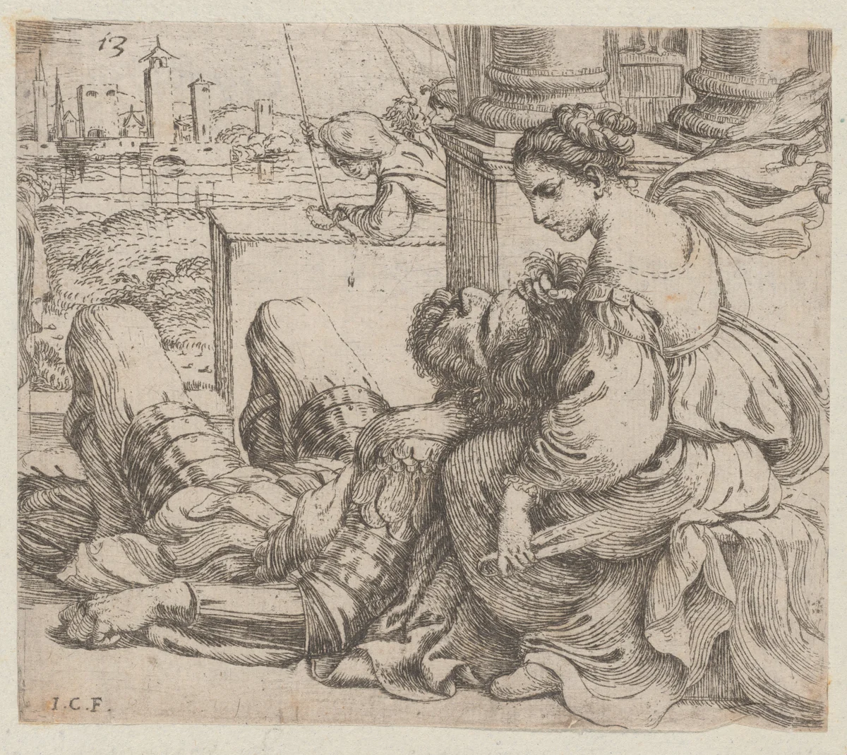 Delilah holding Samson's hair and a pair of scissors by Giuseppe Caletti, print, 1620-1630