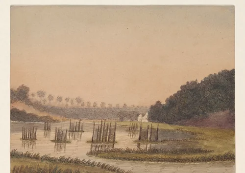 Moerassig landschap met in de verte een gebouw by Dirk Arnoldus Tavenraat, drawing, 1882