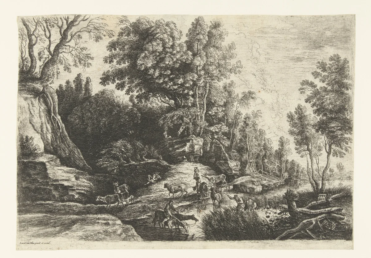 Paarden en koeien bij een drinkplaats by Lucas van Uden, print, 1615-1673